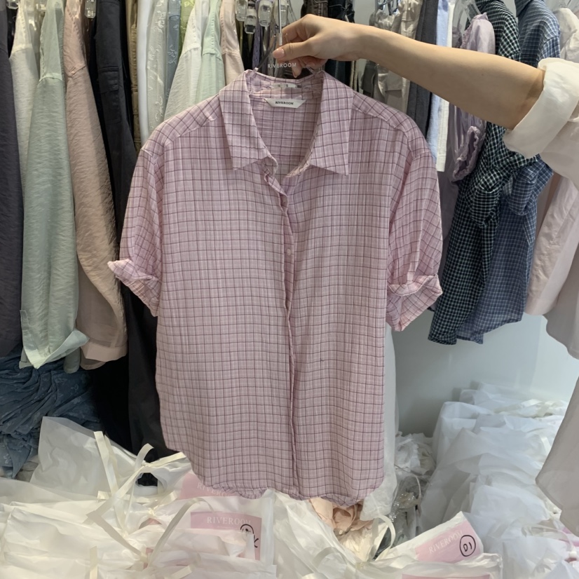 RIVEROOM韓國東大門代購女裝新品人氣26春夏襯衫蕾絲衫格子RIVEROOM襯衫/蕾絲衫圖色2