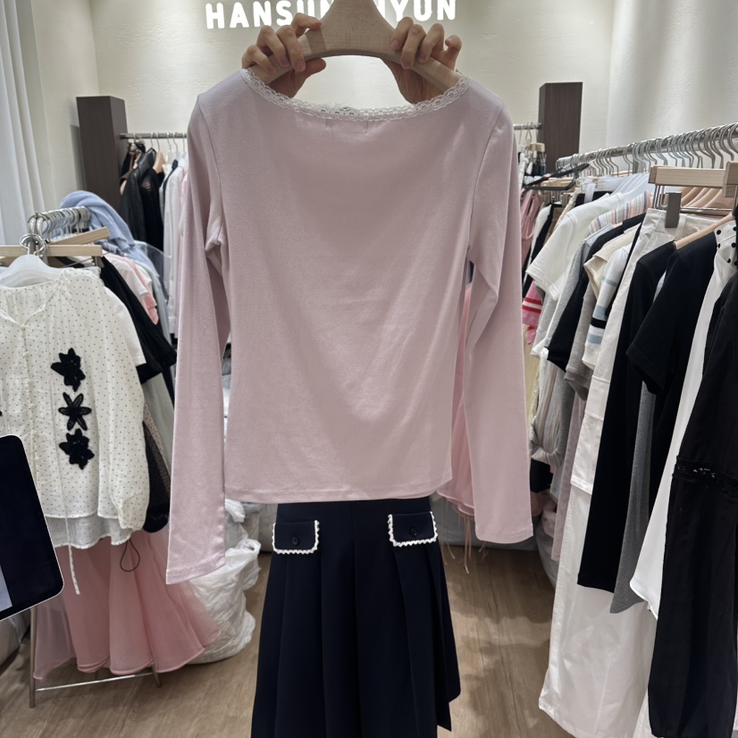 HANSUNGHYUN韓國代購女裝新款職業推薦休閑長袖T恤蕾絲緞HANSUNGHYUN長袖T恤