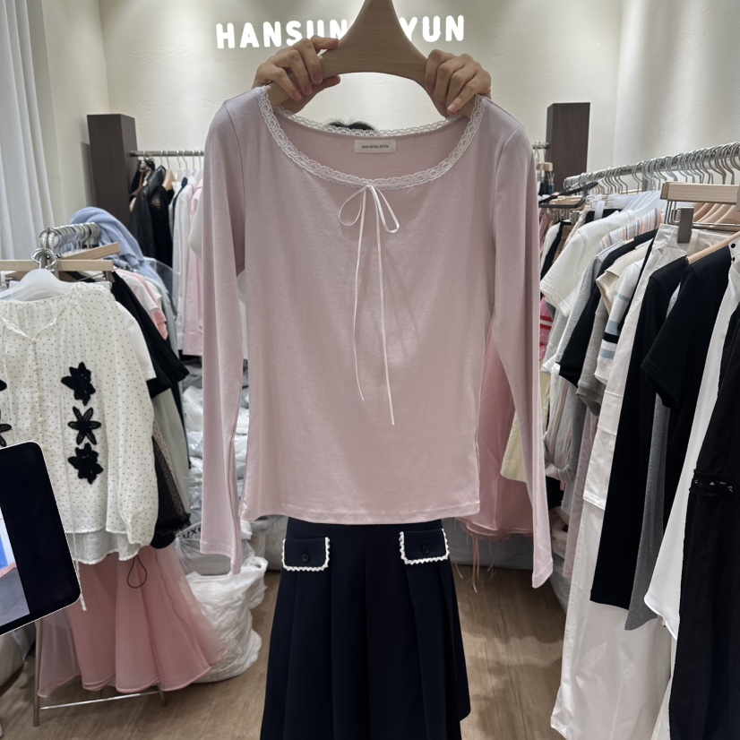 HANSUNGHYUN韓國代購女裝新款職業推薦休閑長袖T恤蕾絲緞HANSUNGHYUN長袖T恤圖色1
