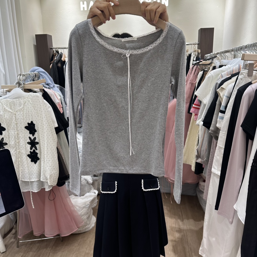 HANSUNGHYUN韓國代購女裝新款職業推薦休閑長袖T恤蕾絲緞HANSUNGHYUN長袖T恤圖色2