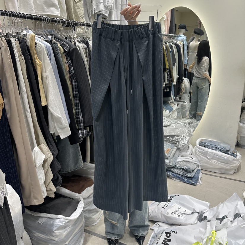 AT THE END韓國東大門直郵女裝新款熱賣26春夏休閑褲褶裥AT THE END休閑褲圖色2灰色條紋