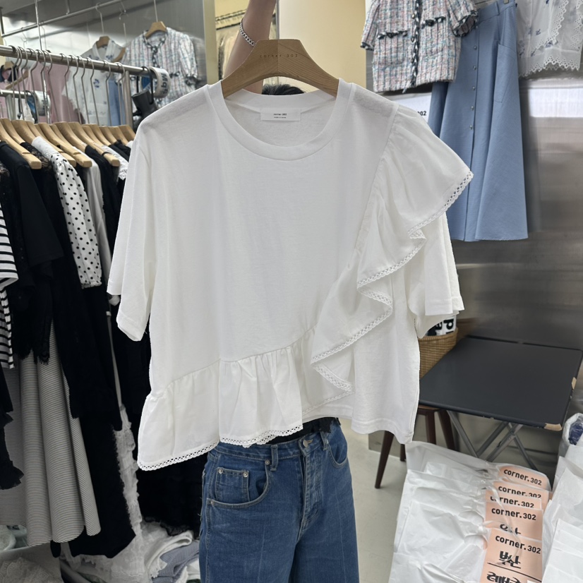 CORNER韓國東大門代購女裝新品推薦襯衫蕾絲衫不對稱荷葉邊CORNER.302襯衫/蕾絲衫圖色1
