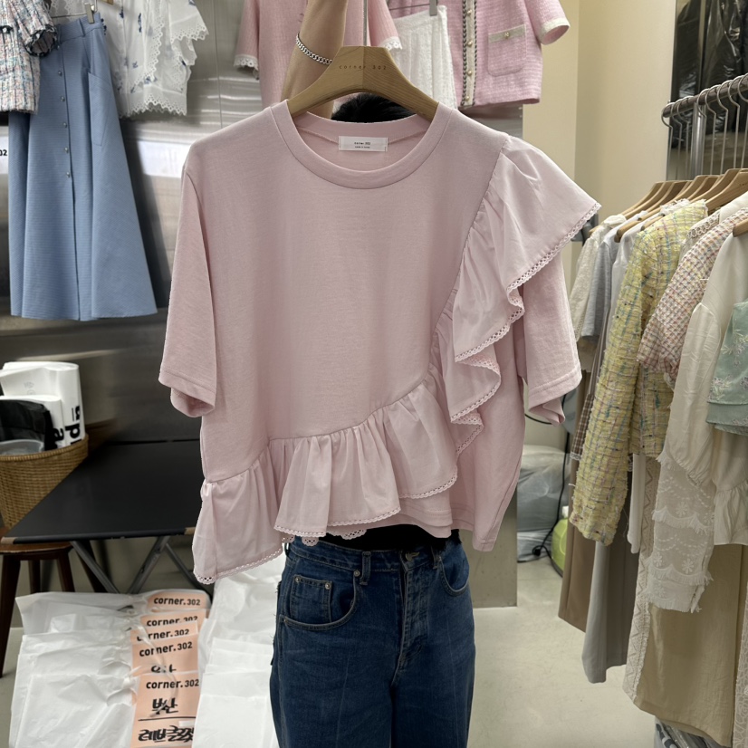 CORNER韓國東大門代購女裝新品推薦襯衫蕾絲衫不對稱荷葉邊CORNER.302襯衫/蕾絲衫圖色2