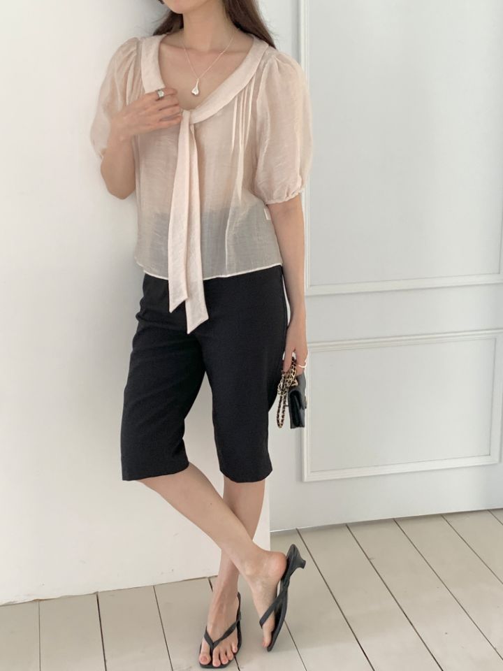 CRONG韓國直郵實拍女裝新款26春夏時尚職業襯衫蕾絲衫褶裥緞CRONG襯衫/蕾絲衫