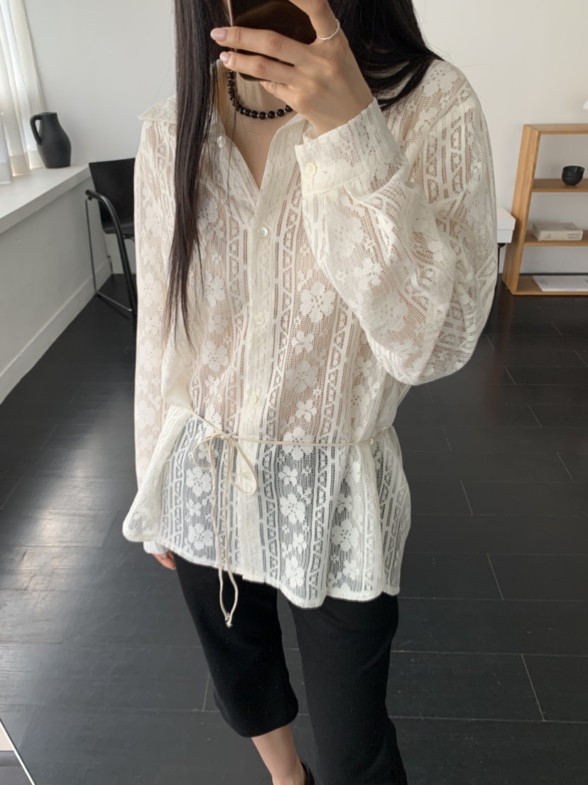 MURMUR韓國東大門代購女裝新品熱賣休閑襯衫蕾絲衫含腰繩MURMUR襯衫/蕾絲衫