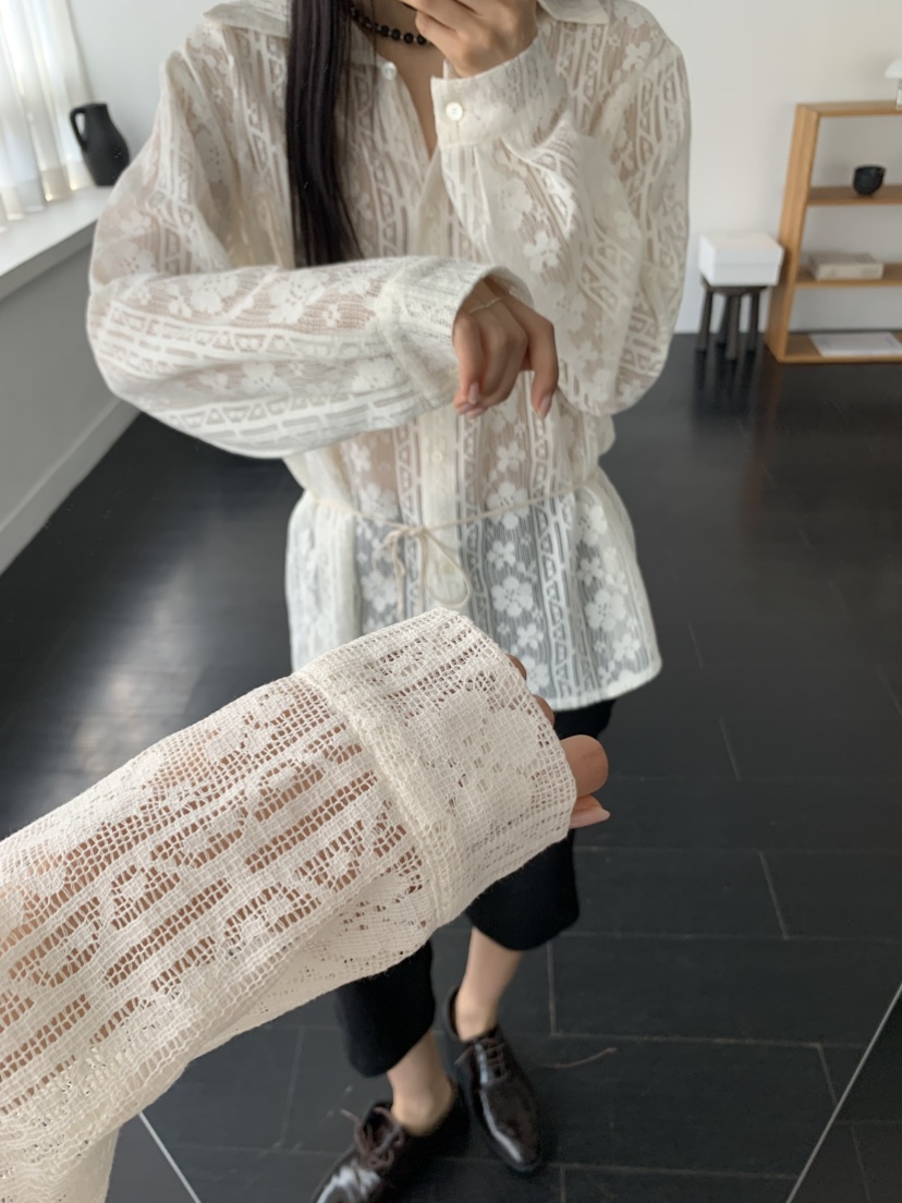 MURMUR韓國東大門代購女裝新品熱賣休閑襯衫蕾絲衫含腰繩MURMUR襯衫/蕾絲衫