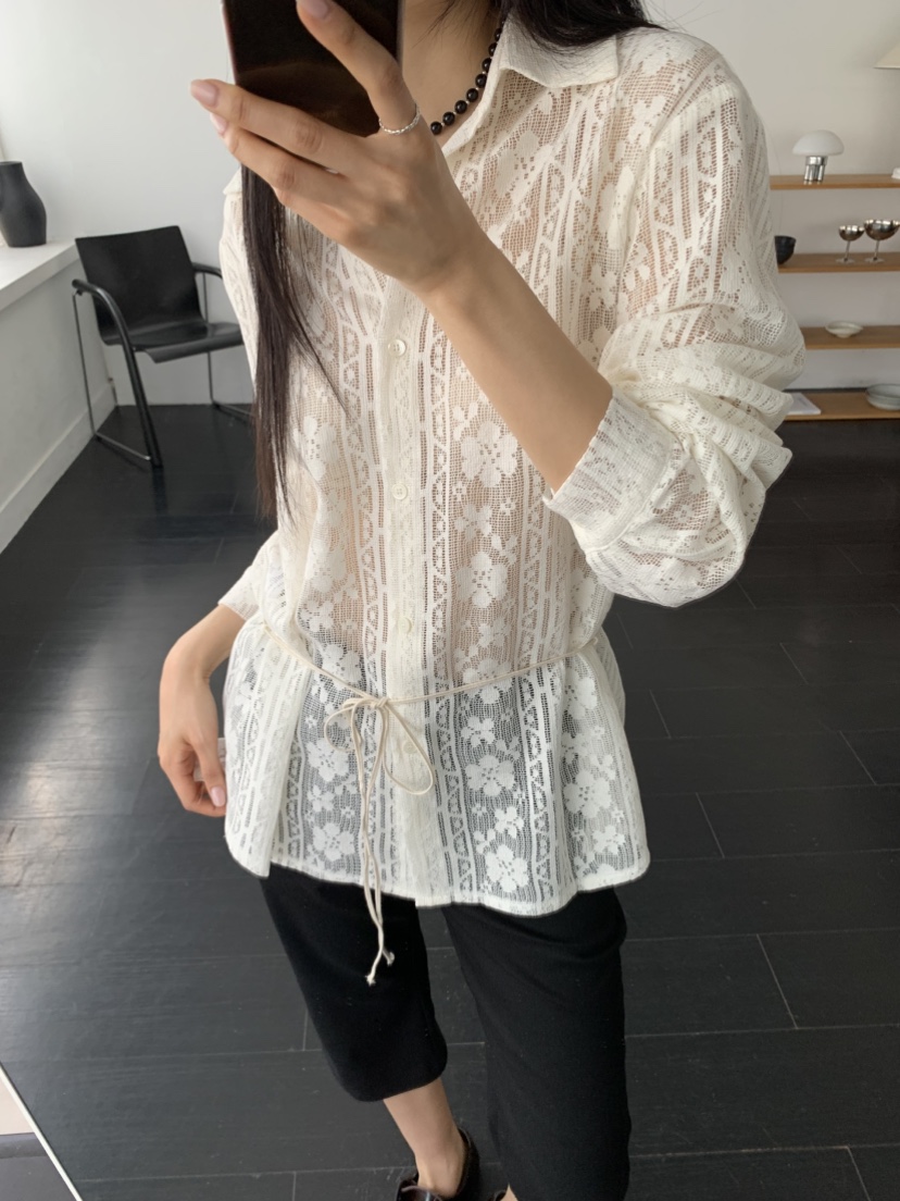 MURMUR韓國東大門代購女裝新品熱賣休閑襯衫蕾絲衫含腰繩MURMUR襯衫/蕾絲衫