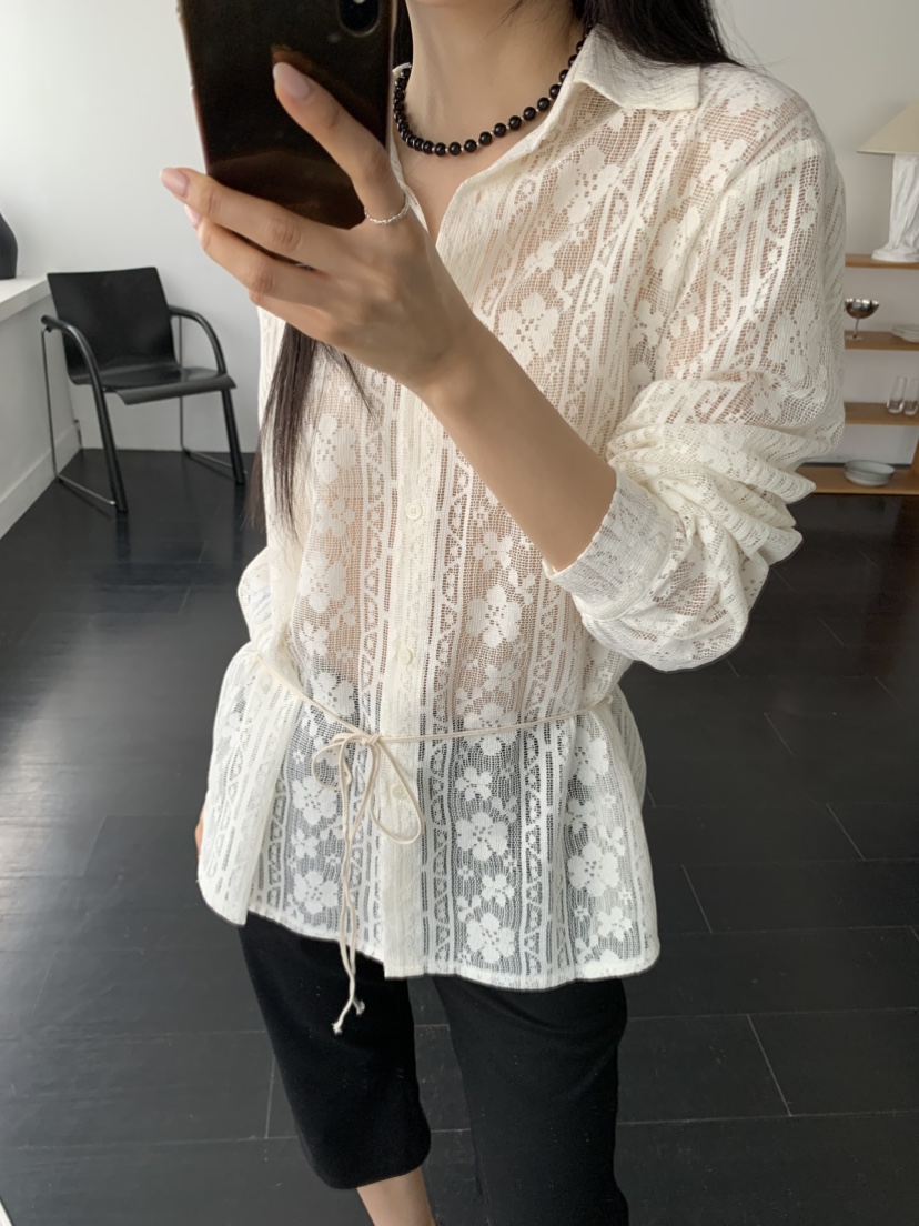 MURMUR韓國東大門代購女裝新品熱賣休閑襯衫蕾絲衫含腰繩MURMUR襯衫/蕾絲衫