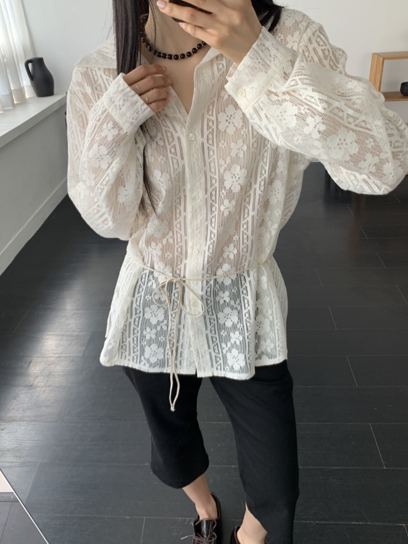 MURMUR韓國東大門代購女裝新品熱賣休閑襯衫蕾絲衫含腰繩MURMUR襯衫/蕾絲衫