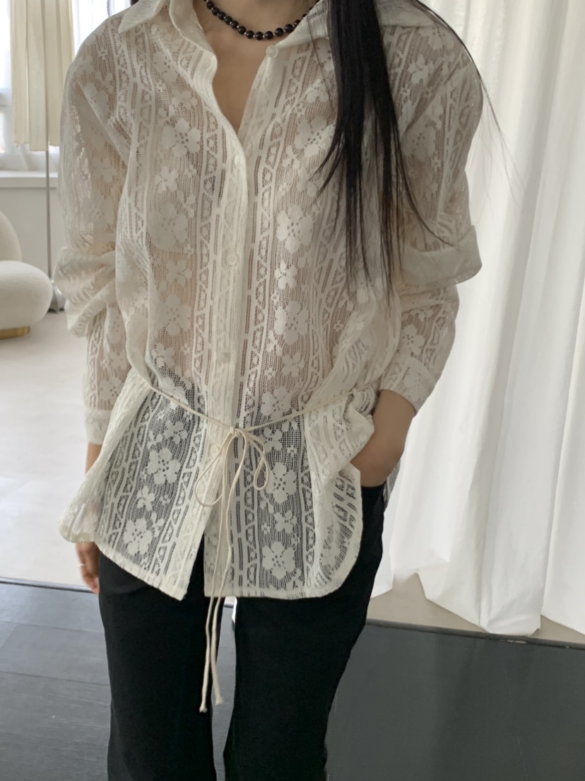 MURMUR韓國東大門代購女裝新品熱賣休閑襯衫蕾絲衫含腰繩MURMUR襯衫/蕾絲衫