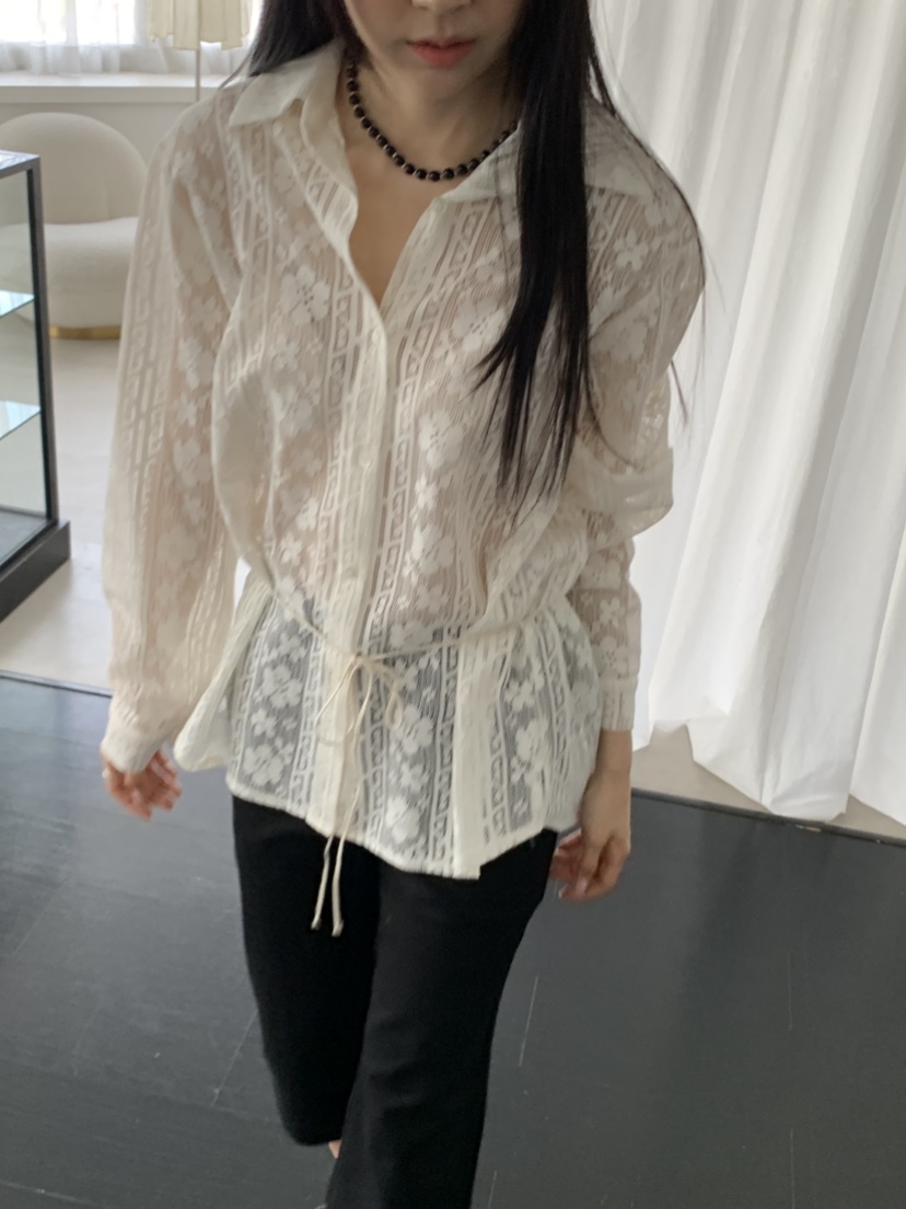 MURMUR韓國東大門代購女裝新品熱賣休閑襯衫蕾絲衫含腰繩MURMUR襯衫/蕾絲衫