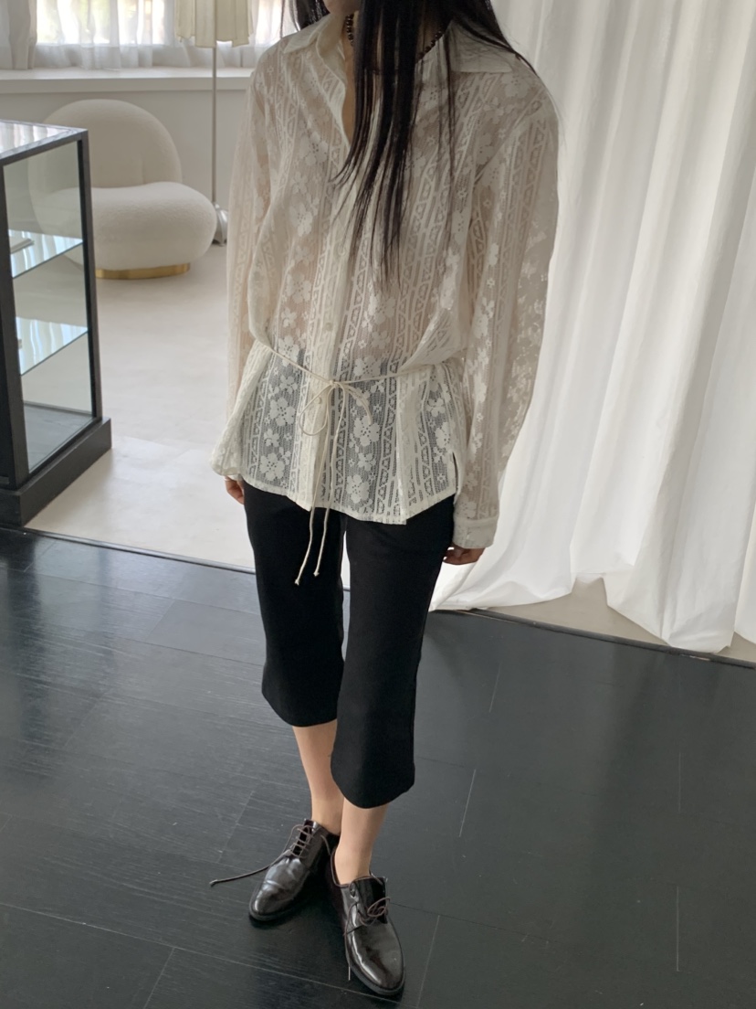 MURMUR韓國東大門代購女裝新品熱賣休閑襯衫蕾絲衫含腰繩MURMUR襯衫/蕾絲衫