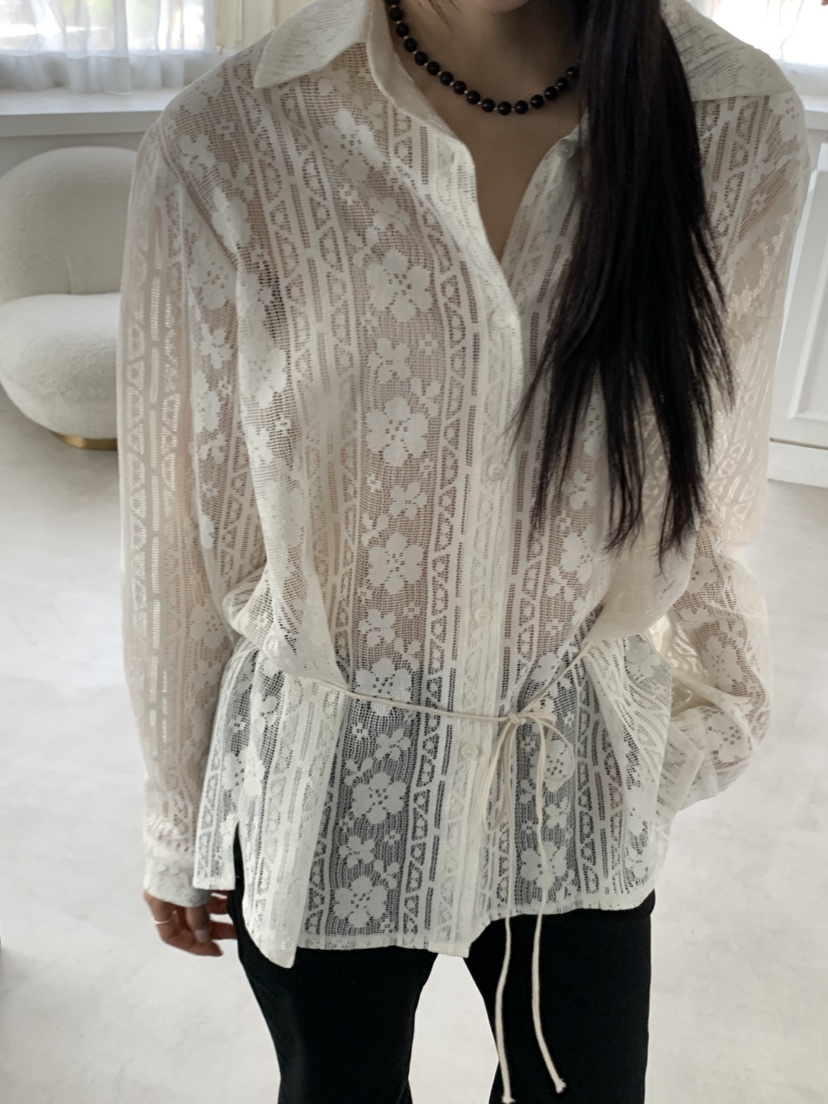 MURMUR韓國東大門代購女裝新品熱賣休閑襯衫蕾絲衫含腰繩MURMUR襯衫/蕾絲衫