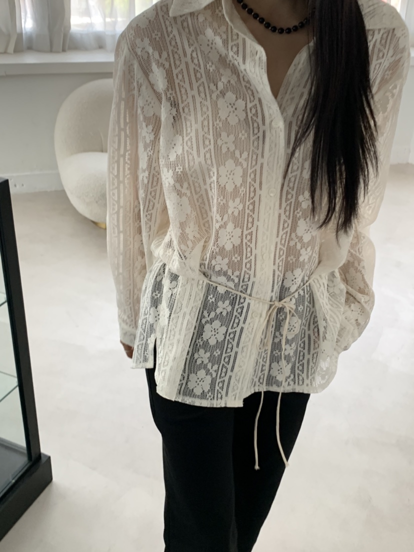 MURMUR韓國東大門代購女裝新品熱賣休閑襯衫蕾絲衫含腰繩MURMUR襯衫/蕾絲衫