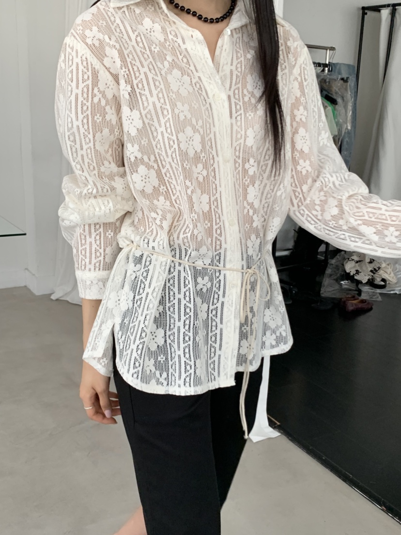 MURMUR韓國東大門代購女裝新品熱賣休閑襯衫蕾絲衫含腰繩MURMUR襯衫/蕾絲衫