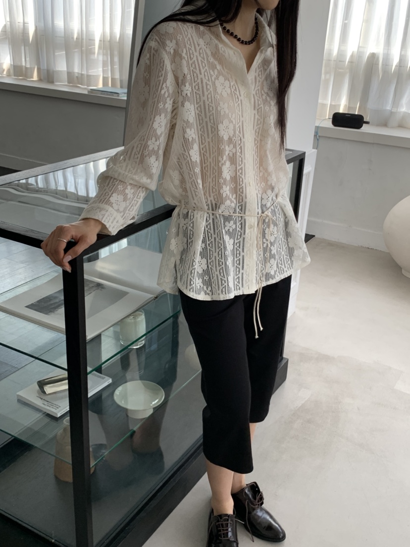 MURMUR韓國東大門代購女裝新品熱賣休閑襯衫蕾絲衫含腰繩MURMUR襯衫/蕾絲衫