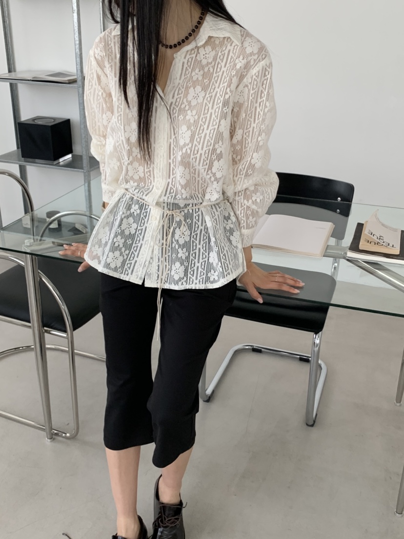 MURMUR韓國東大門代購女裝新品熱賣休閑襯衫蕾絲衫含腰繩MURMUR襯衫/蕾絲衫