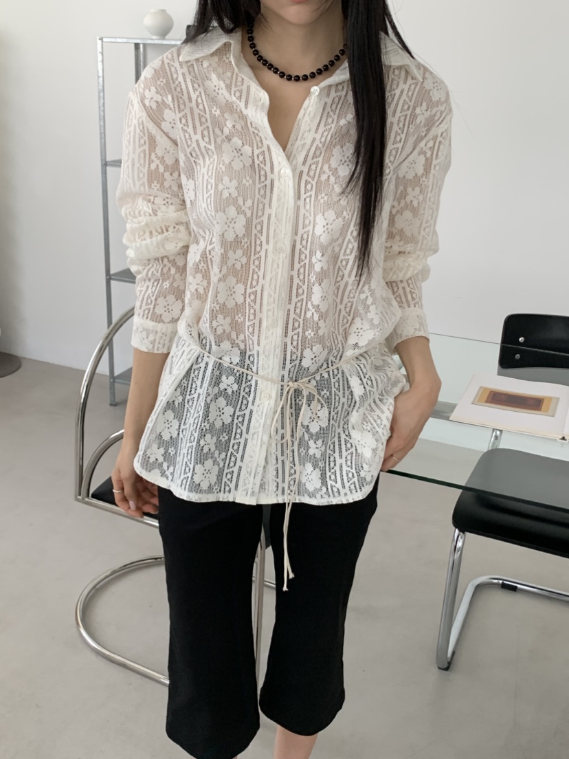 MURMUR韓國東大門代購女裝新品熱賣休閑襯衫蕾絲衫含腰繩MURMUR襯衫/蕾絲衫