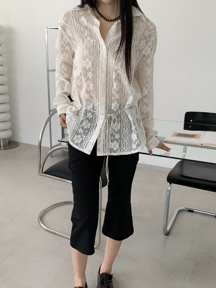 MURMUR韓國東大門代購女裝新品熱賣休閑襯衫蕾絲衫含腰繩MURMUR襯衫/蕾絲衫