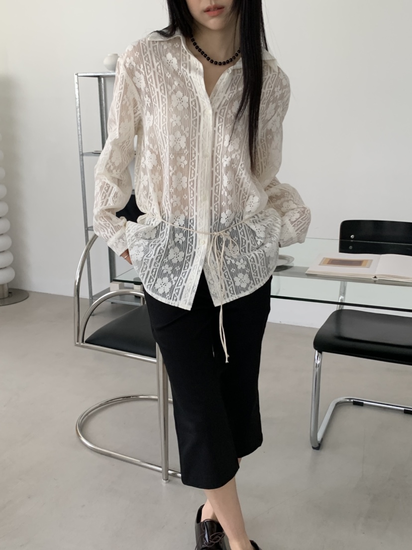 MURMUR韓國東大門代購女裝新品熱賣休閑襯衫蕾絲衫含腰繩MURMUR襯衫/蕾絲衫