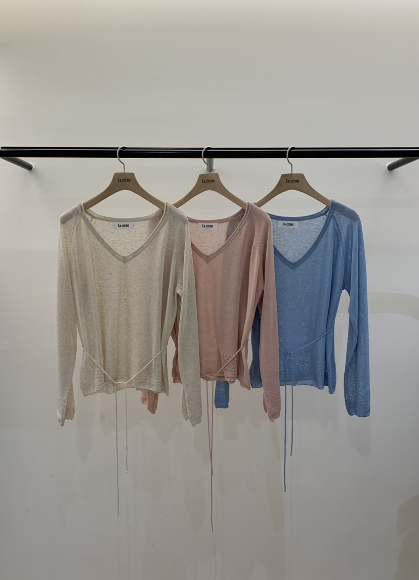LA CREME韓國直郵實拍女士新款熱賣時尚針織衫亞麻布含繩LA CREME針織衫