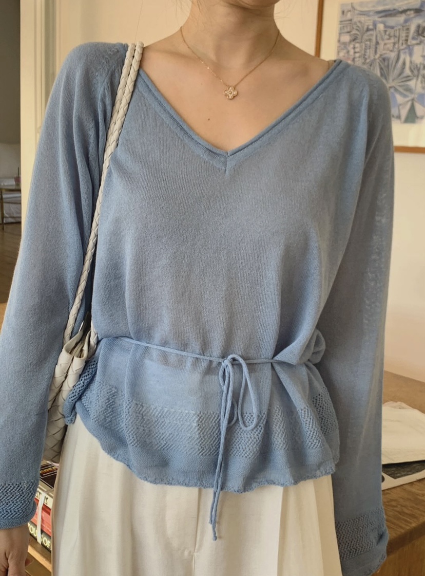 LA CREME韓國直郵實拍女士新款熱賣時尚針織衫亞麻布含繩LA CREME針織衫