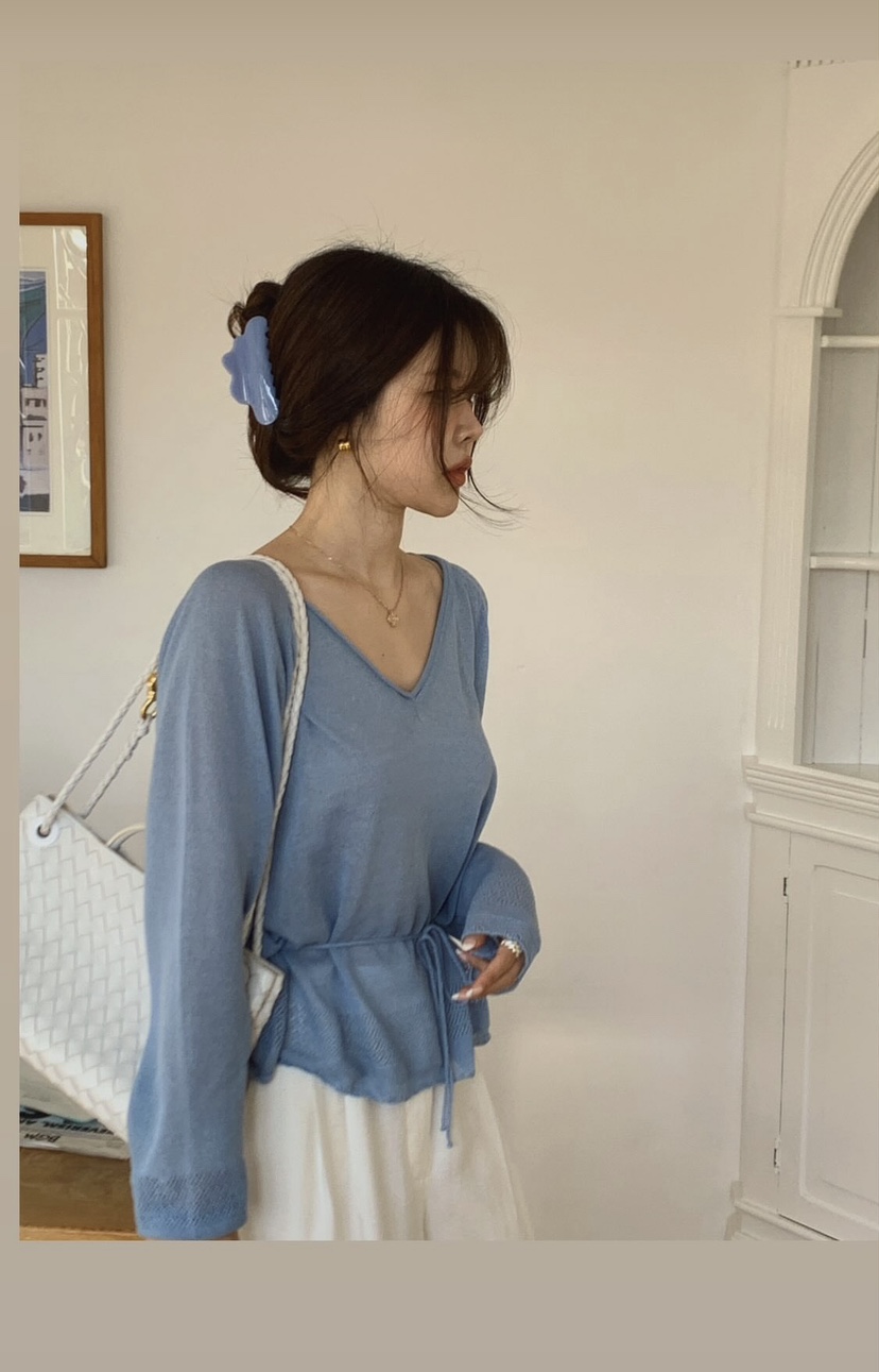 LA CREME韓國直郵實拍女士新款熱賣時尚針織衫亞麻布含繩LA CREME針織衫