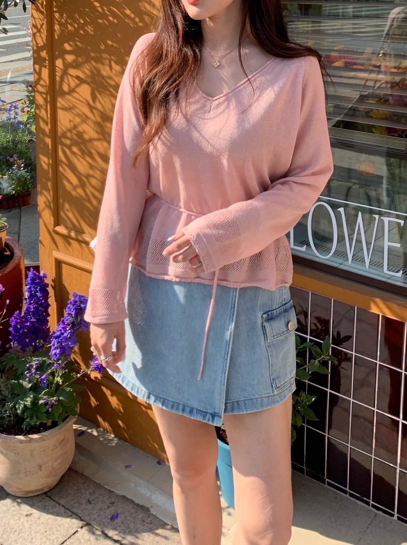 LA CREME韓國直郵實拍女士新款熱賣時尚針織衫亞麻布含繩LA CREME針織衫