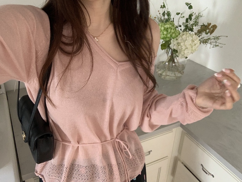 LA CREME韓國直郵實拍女士新款熱賣時尚針織衫亞麻布含繩LA CREME針織衫