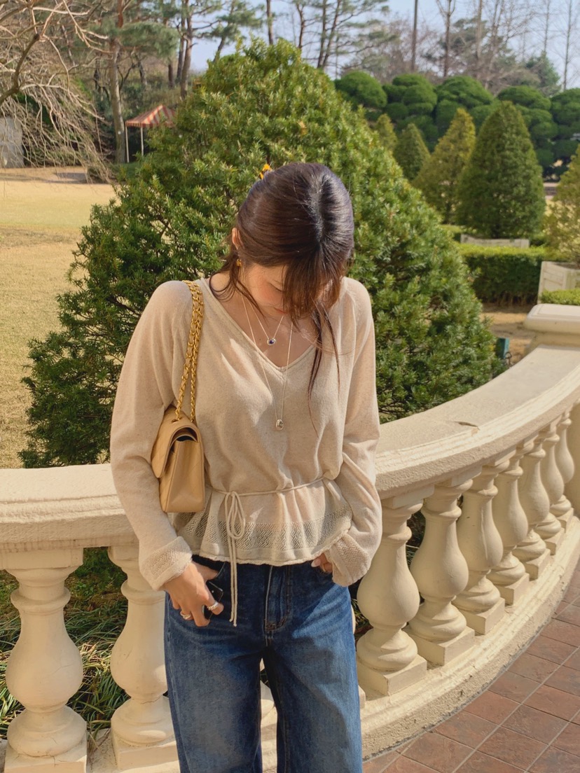 LA CREME韓國直郵實拍女士新款熱賣時尚針織衫亞麻布含繩LA CREME針織衫