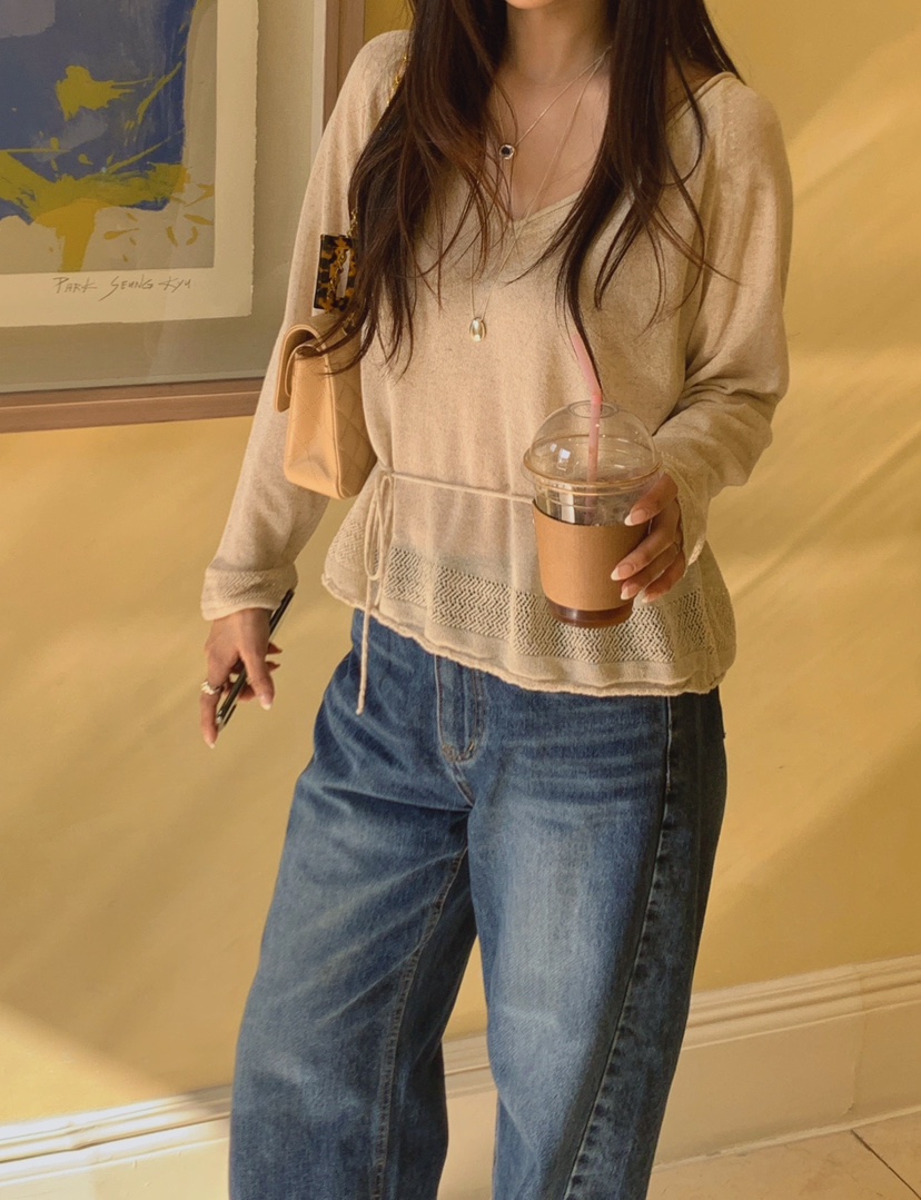 LA CREME韓國直郵實拍女士新款熱賣時尚針織衫亞麻布含繩LA CREME針織衫