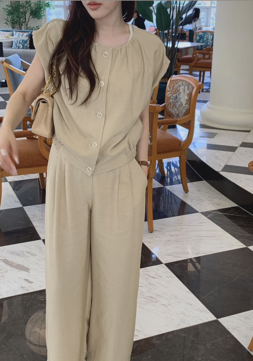 LA CREME韓國東大門直郵女士新款熱賣時尚休閑褲褶裥亞麻LA CREME休閑褲