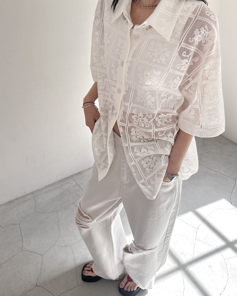 HOWDY/FACT THE NERD韓國代購女裝新款職業襯衫蕾絲衫不含內搭鉤針編織HOWDY/FACT THE NERD襯衫/蕾絲衫