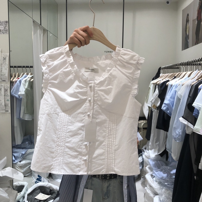 YUNBAL韓國代購女士新品人氣職業時尚襯衫蕾絲衫荷葉邊褶裥YUNBAL襯衫/蕾絲衫圖色1