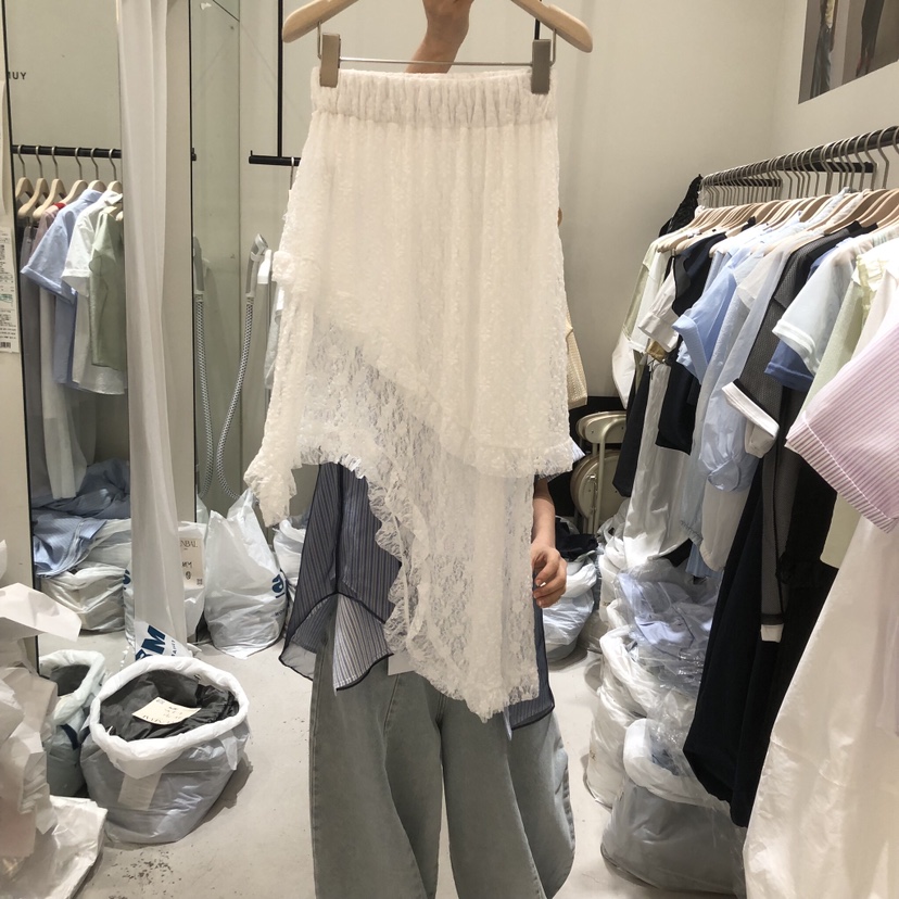 YUNBAL韓國東大門直郵女裝新款人氣半身裙中短裙不對稱蕾絲YUNBAL半身裙/中短裙