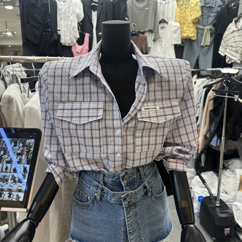 A-DEL韓國代購女裝新款熱賣時尚休閑襯衫蕾絲衫格子短款A-DEL襯衫/蕾絲衫圖色1