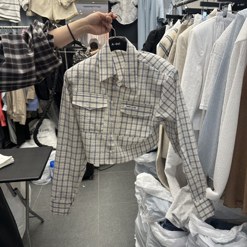 A-DEL韓國代購女裝新款熱賣時尚休閑襯衫蕾絲衫格子短款A-DEL襯衫/蕾絲衫圖色2