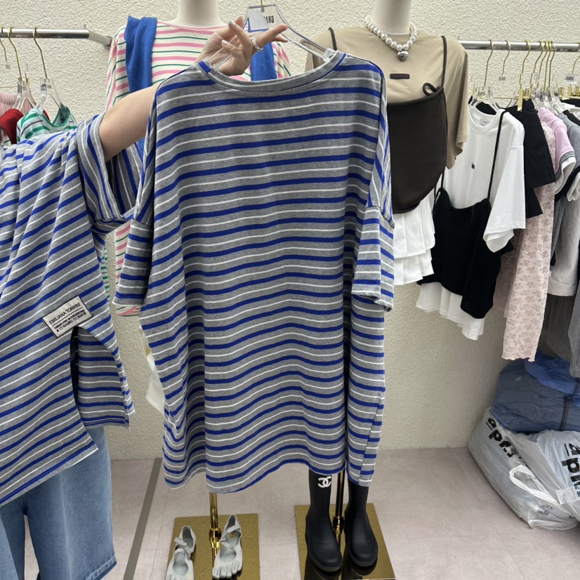 DRAWING韓國直郵實拍女士新款26春夏熱賣時尚T恤開衩條紋DRAWINGT恤