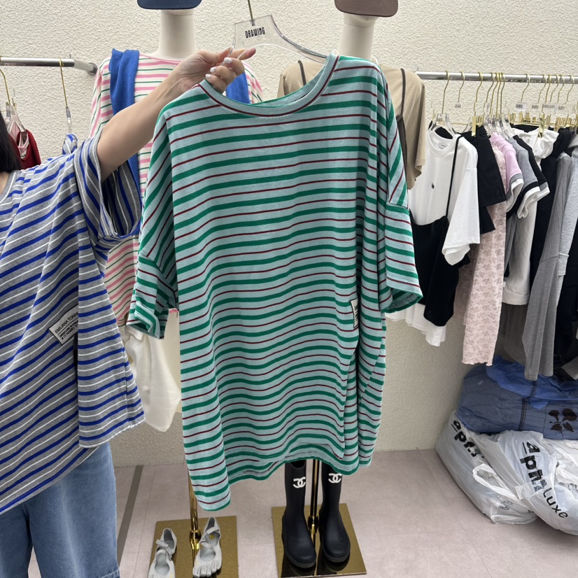 DRAWING韓國直郵實拍女士新款26春夏熱賣時尚T恤開衩條紋DRAWINGT恤圖色1