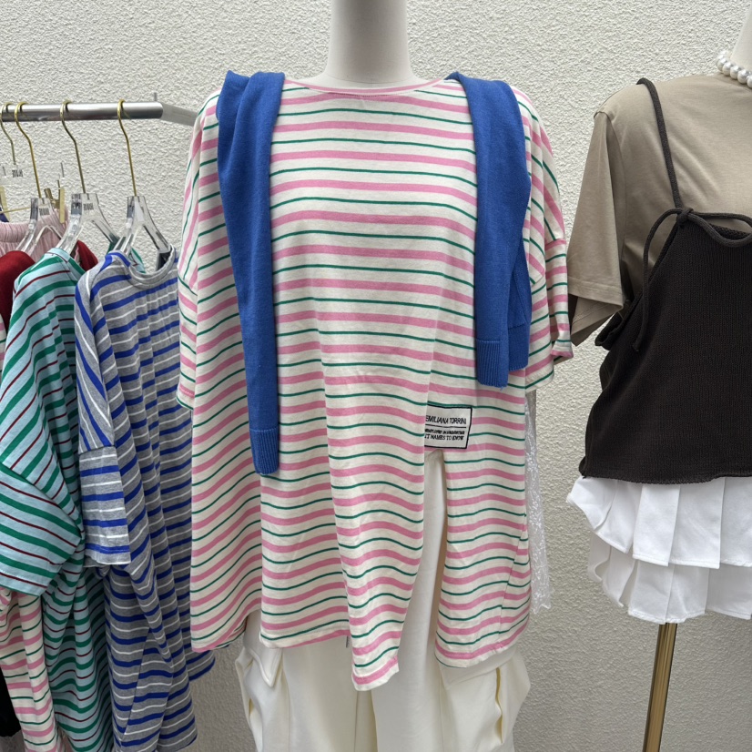 DRAWING韓國直郵實拍女士新款26春夏熱賣時尚T恤開衩條紋DRAWINGT恤圖色2