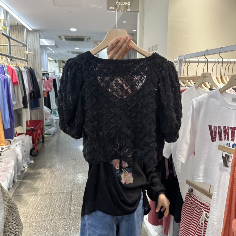DELLING韓國東大門直郵女士新款26春夏襯衫蕾絲衫不含內搭泡泡袖開衫DELLING襯衫/蕾絲衫