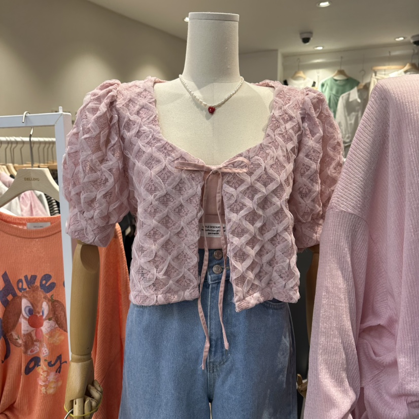 DELLING韓國東大門直郵女士新款26春夏襯衫蕾絲衫不含內搭泡泡袖開衫DELLING襯衫/蕾絲衫圖色1