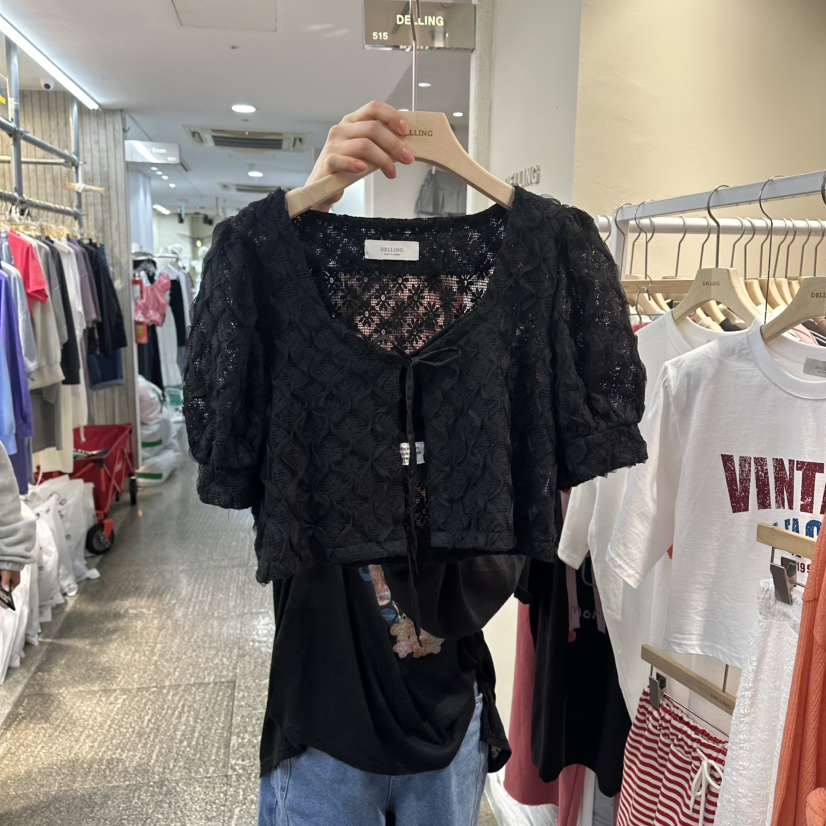 DELLING韓國東大門直郵女士新款26春夏襯衫蕾絲衫不含內搭泡泡袖開衫DELLING襯衫/蕾絲衫圖色3