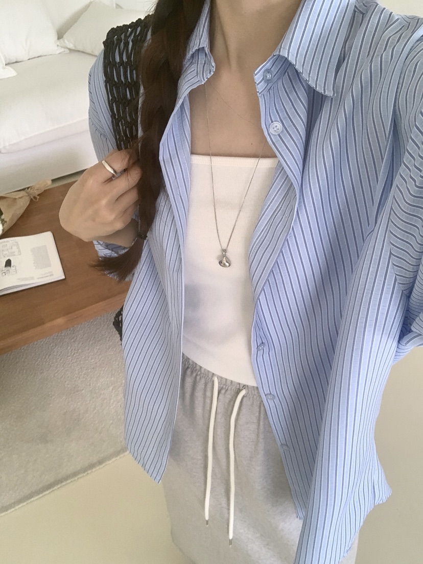 VANTAGE韓國東大門代購女士新款休閑時尚26春夏襯衫蕾絲衫條紋VANTAGE襯衫/蕾絲衫