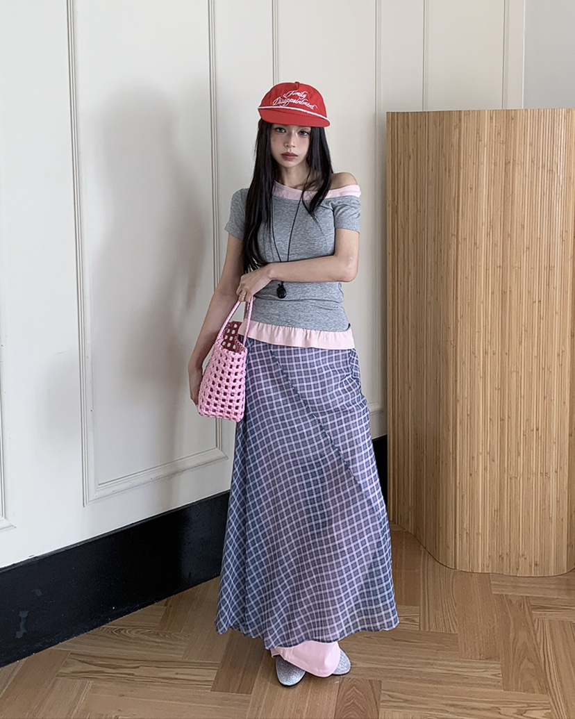 LIVE AID-P韓國直郵女裝新款26春夏人氣休閑時尚長裙格子LIVE AID-P長裙