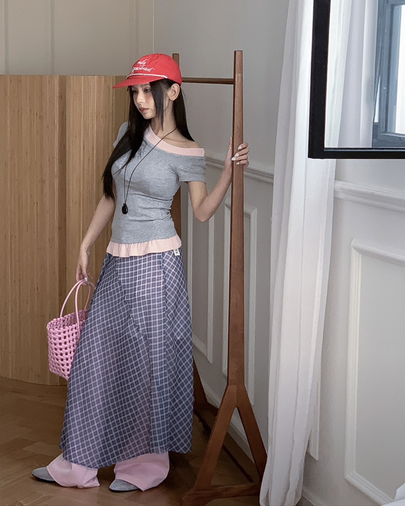 LIVE AID-P韓國直郵女裝新款26春夏人氣休閑時尚長裙格子LIVE AID-P長裙