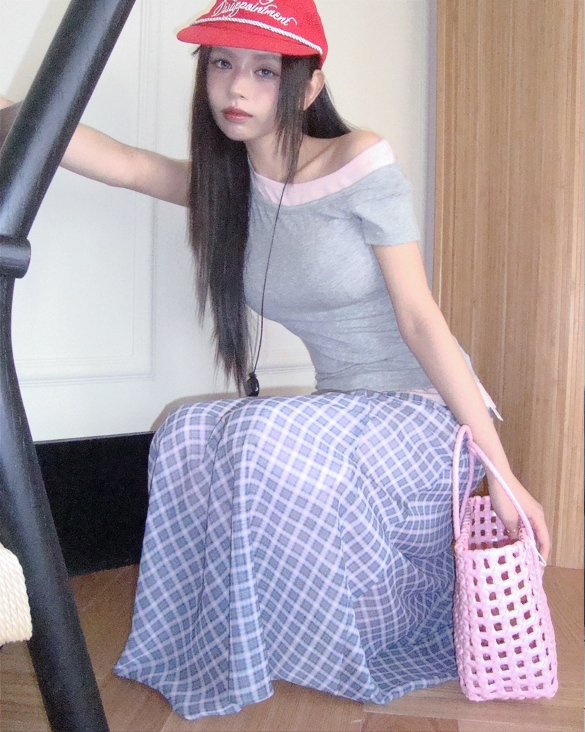 LIVE AID-P韓國直郵女裝新款26春夏人氣休閑時尚長裙格子LIVE AID-P長裙