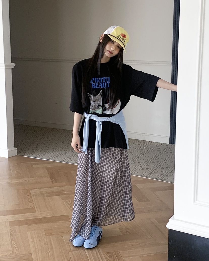 LIVE AID-P韓國直郵女裝新款26春夏人氣休閑時尚長裙格子LIVE AID-P長裙