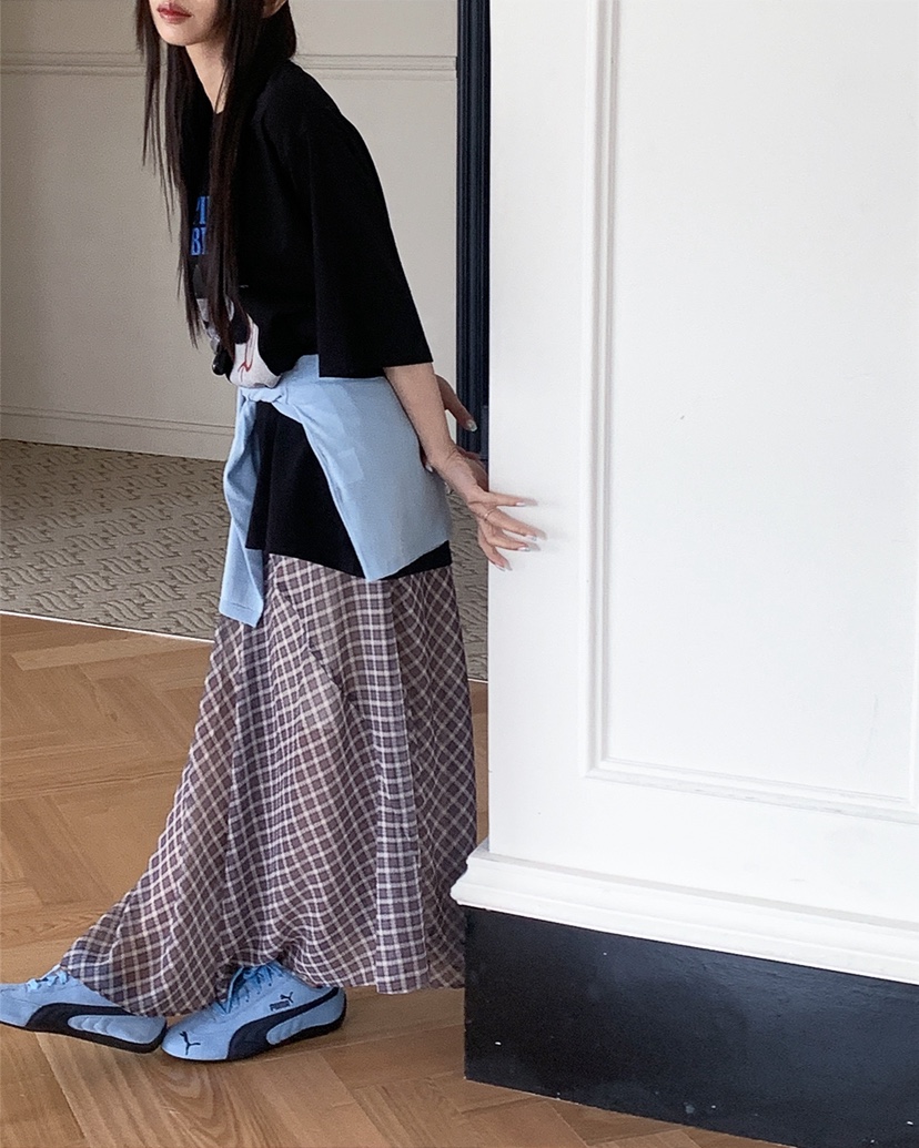 LIVE AID-P韓國直郵女裝新款26春夏人氣休閑時尚長裙格子LIVE AID-P長裙