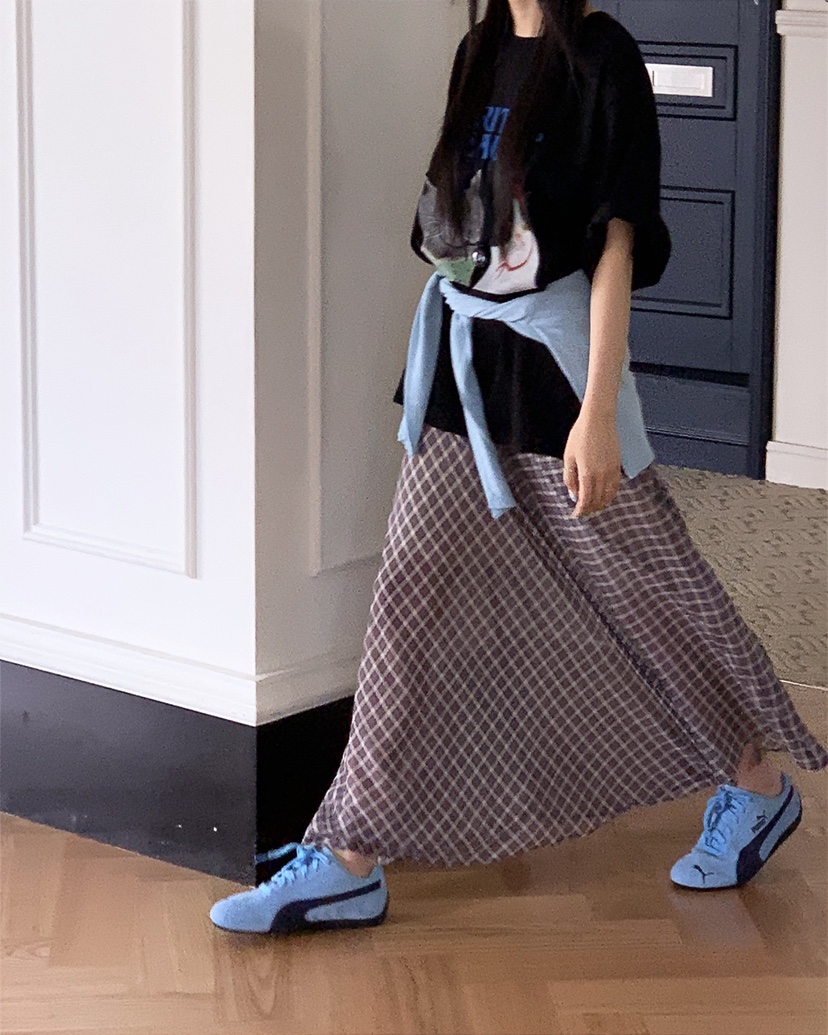 LIVE AID-P韓國直郵女裝新款26春夏人氣休閑時尚長裙格子LIVE AID-P長裙